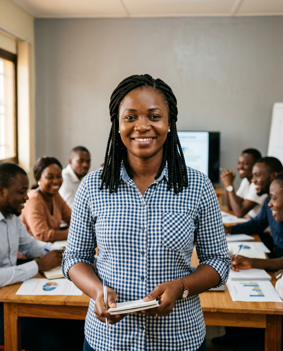 Une responsable d'équipe souriante devant sa salle de formation, image générée