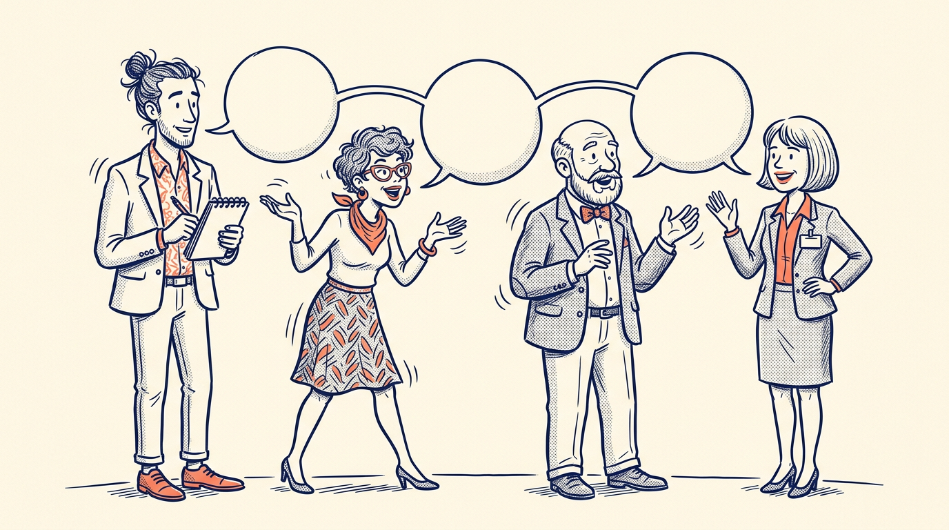 Illustration de quatre commerciaux qui discutent, image générée